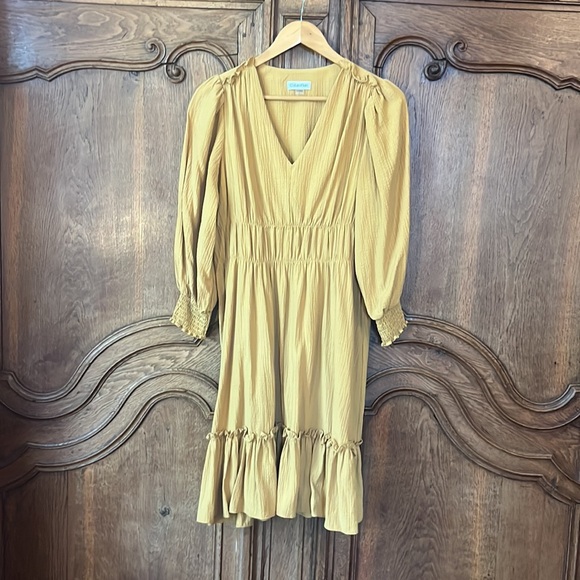 Calvin Klein V Neck Dress Midi Ochre Peasant Women's size 8 - Picture 2 of 12
